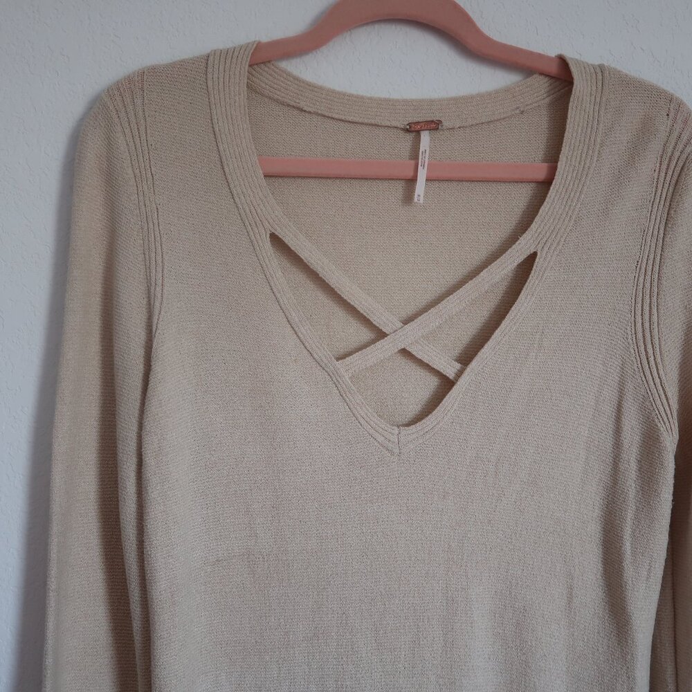 Free People Sweater Criss-Cross Front Knit Tunic Side Slit Linen Blend Cream - Picture 4 of 8